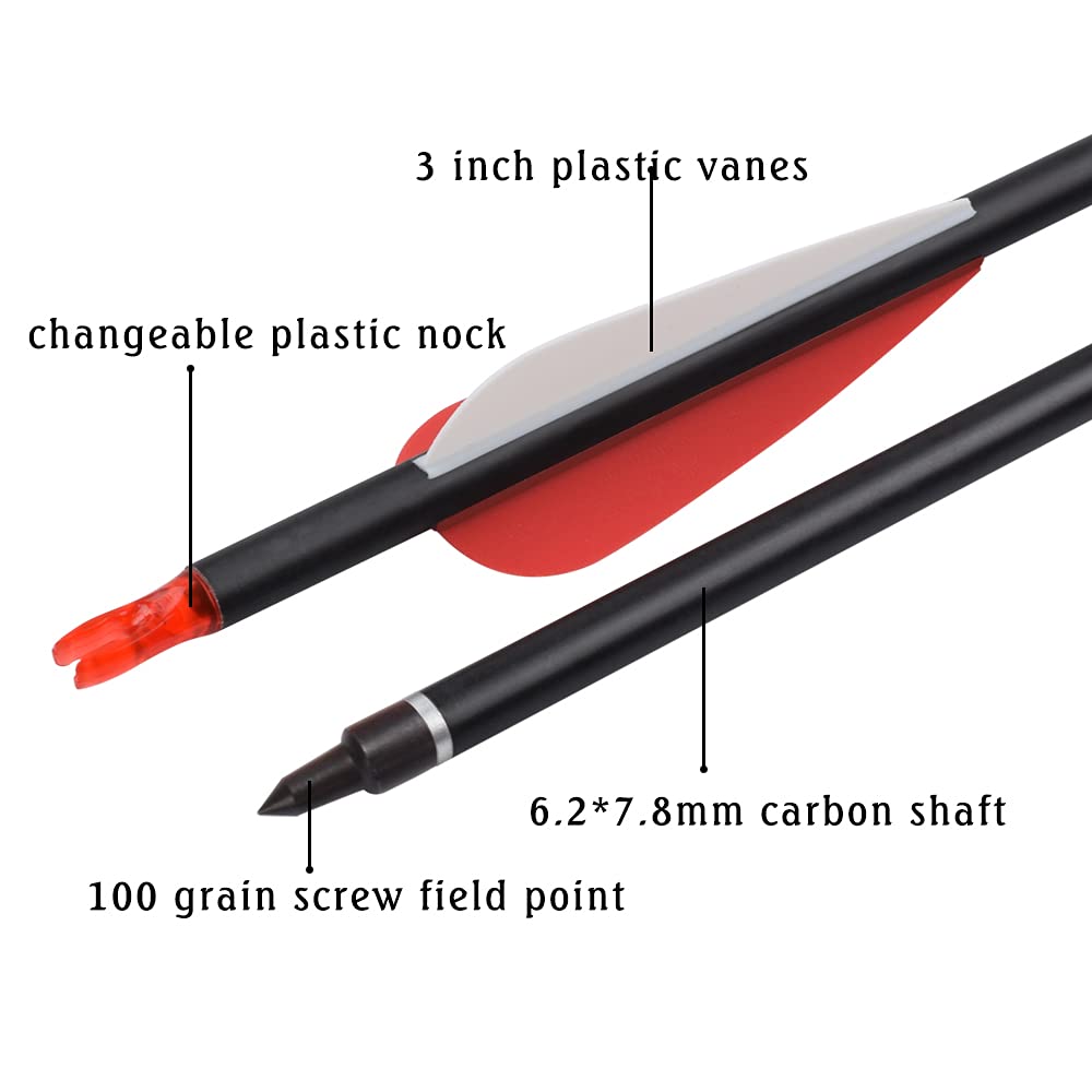 Archery Carbon Arrow Hunting Target Practice Arrows 28 Inch with Removable Tips for Compound & Recurve Bow 500 Spine 6PCS