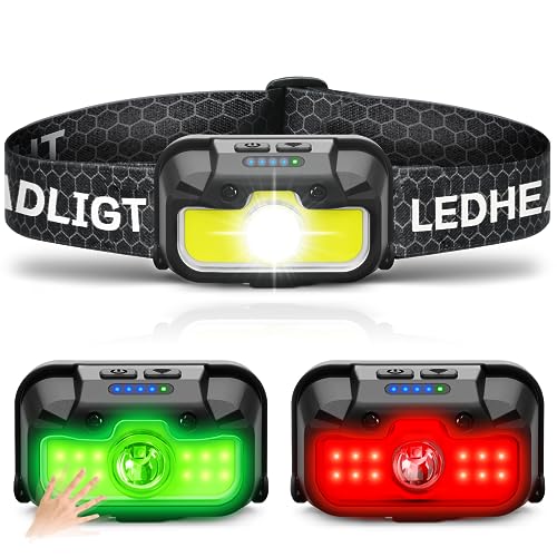 HOKOILN Headlamp Rechargeable, 1300 Lumen Ultra-Light Bright Head Lamp with White Red Green, 14 Modes Adjustable Waterproof Motion Sensor Headlight for Outdoor Camping Running