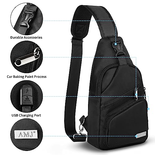 AMJ Crossbody Sling Bag Men Women, Casual Shoulder Backpack, Chest Daypack Satchel for Hiking Travel (Small, Black)