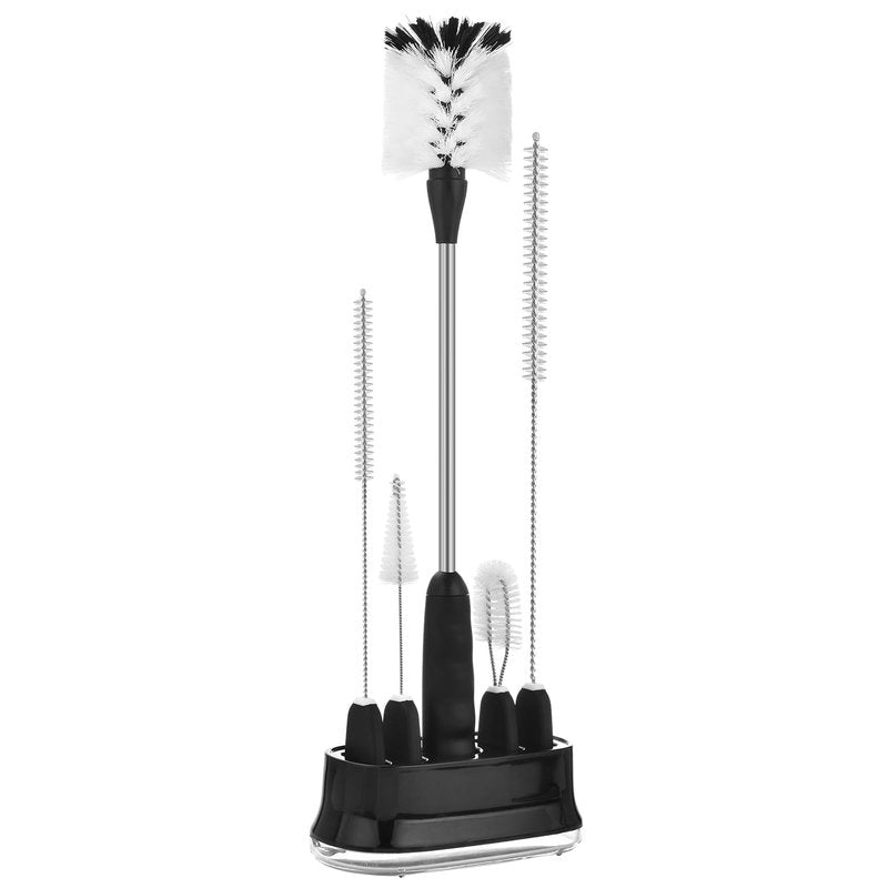 ALINK 5 Pack Bottle Brush Cleaning Set with Holder, Bottle Cleaner with Stand, Straw Nipple Lid Brush for Stanley， Yeti, Owala Tumblers, Starbucks, Mason Jar, Glasses, Jugs - Black
