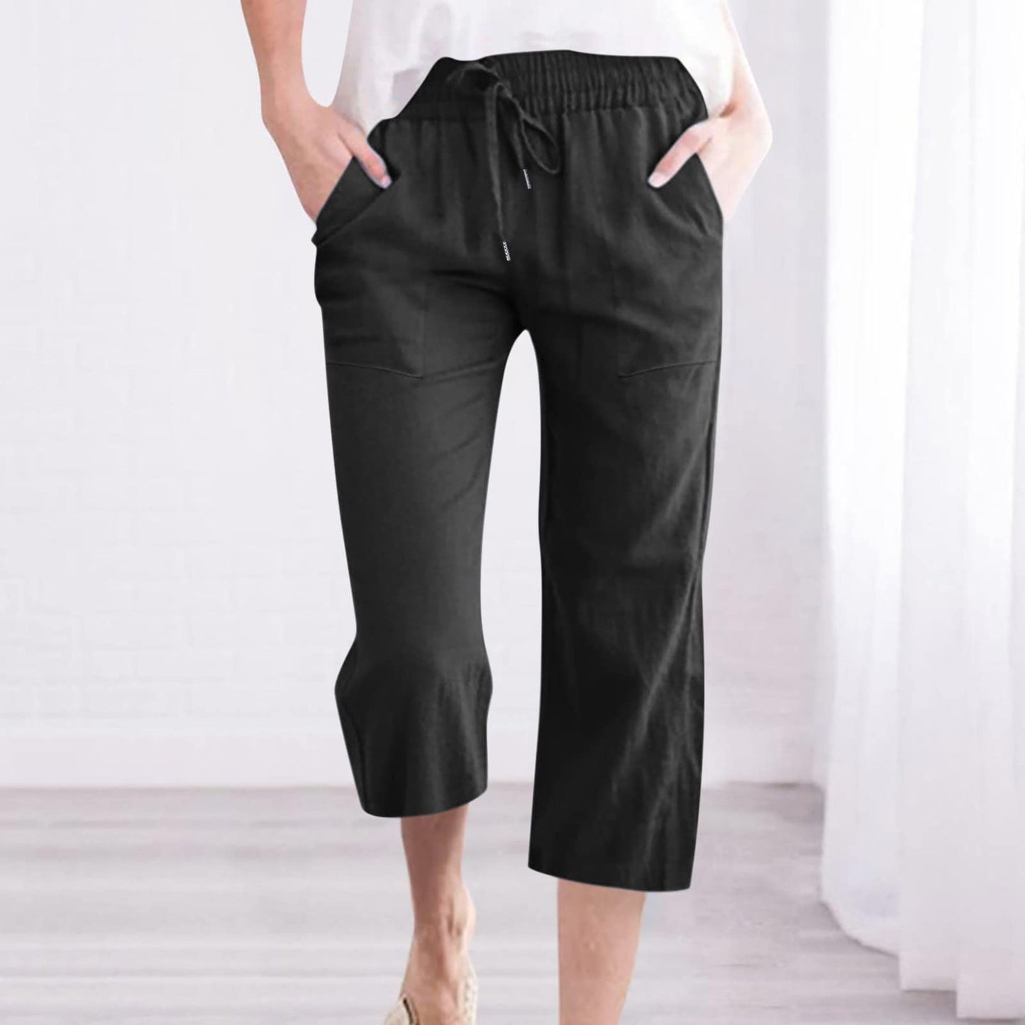 LRMQS Capsule Wardrobe for Women 2026 Linen Clothes Capris Pants for Women Cotton Linen Casual Summer 2025 Straight Wide Leg Loose Drawstring Elastic Waist Cropped Trouser
