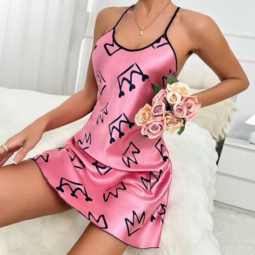 Womens Nightdress Fashion Print Sexy Backless Ice Silk Sling Pajamas Dresses Nightgowns Chemise Sleepwear Lingerie Style001 Pink Small