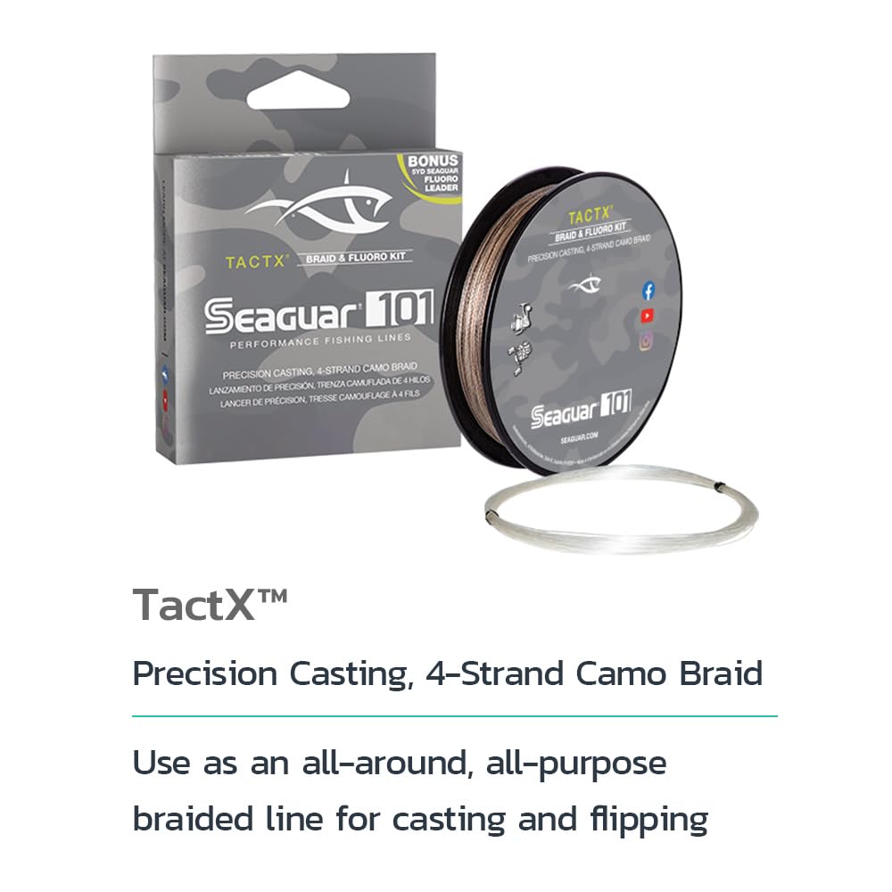 Seaguar 101 TACTX Braided Camo Fishing Line & Fluoro Kit, with Free 5lb Leader - 40lbs, 150yds Break Strength/Length - 40TCX150