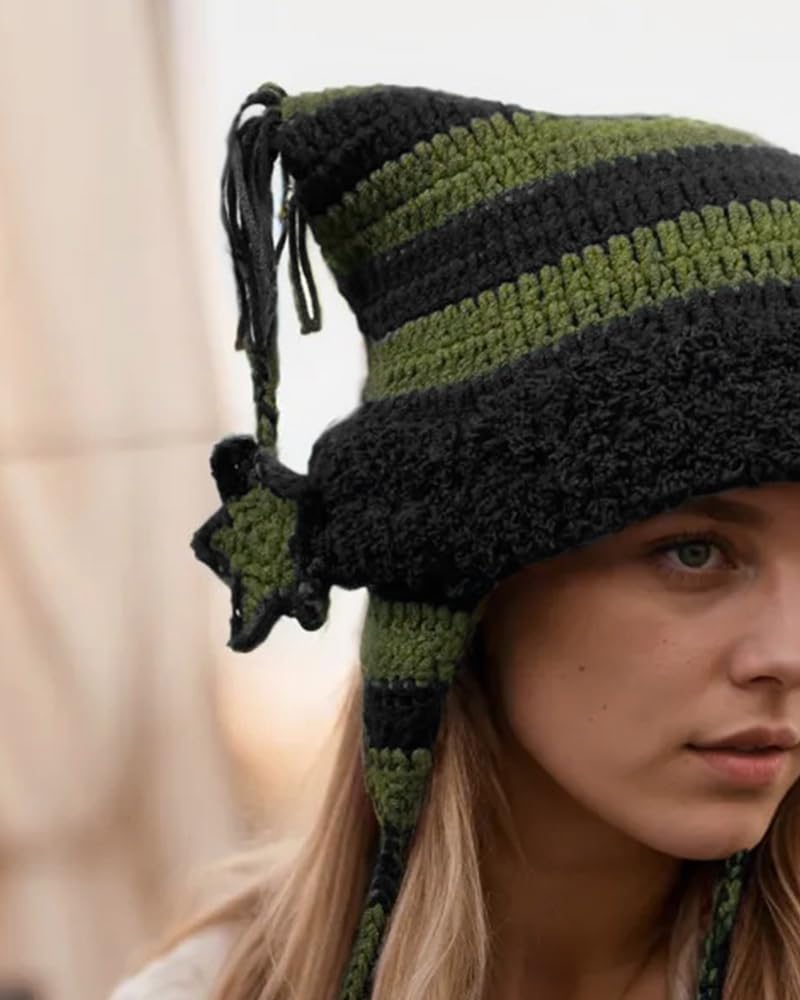 Crochet Hats for Women Y2k Beanies Women's Knitted Cat Ear Hat Crochet Hat for Women Y2k Accessories Black Green with Pendant