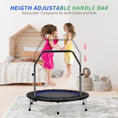 40" Rebounder Trampoline for Adults Fitness Rebounder Trampoline Indoor Outdoor with Adjustable Bar Foldable Min Trampoline Jumping Workouts