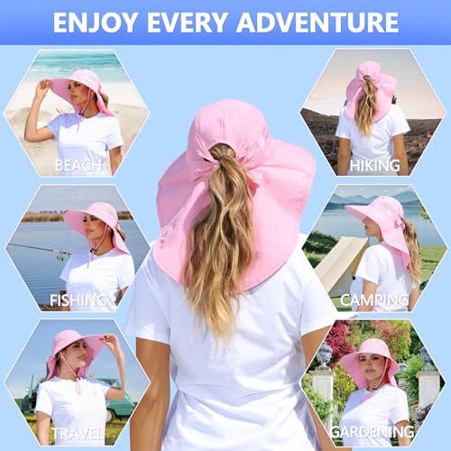 SENWAI Womens Sun Hat Outdoor UV Protection Wide Brim Fishing Hat with Ponytail Hole Neck Flap for Beach Hiking Camping, Pink