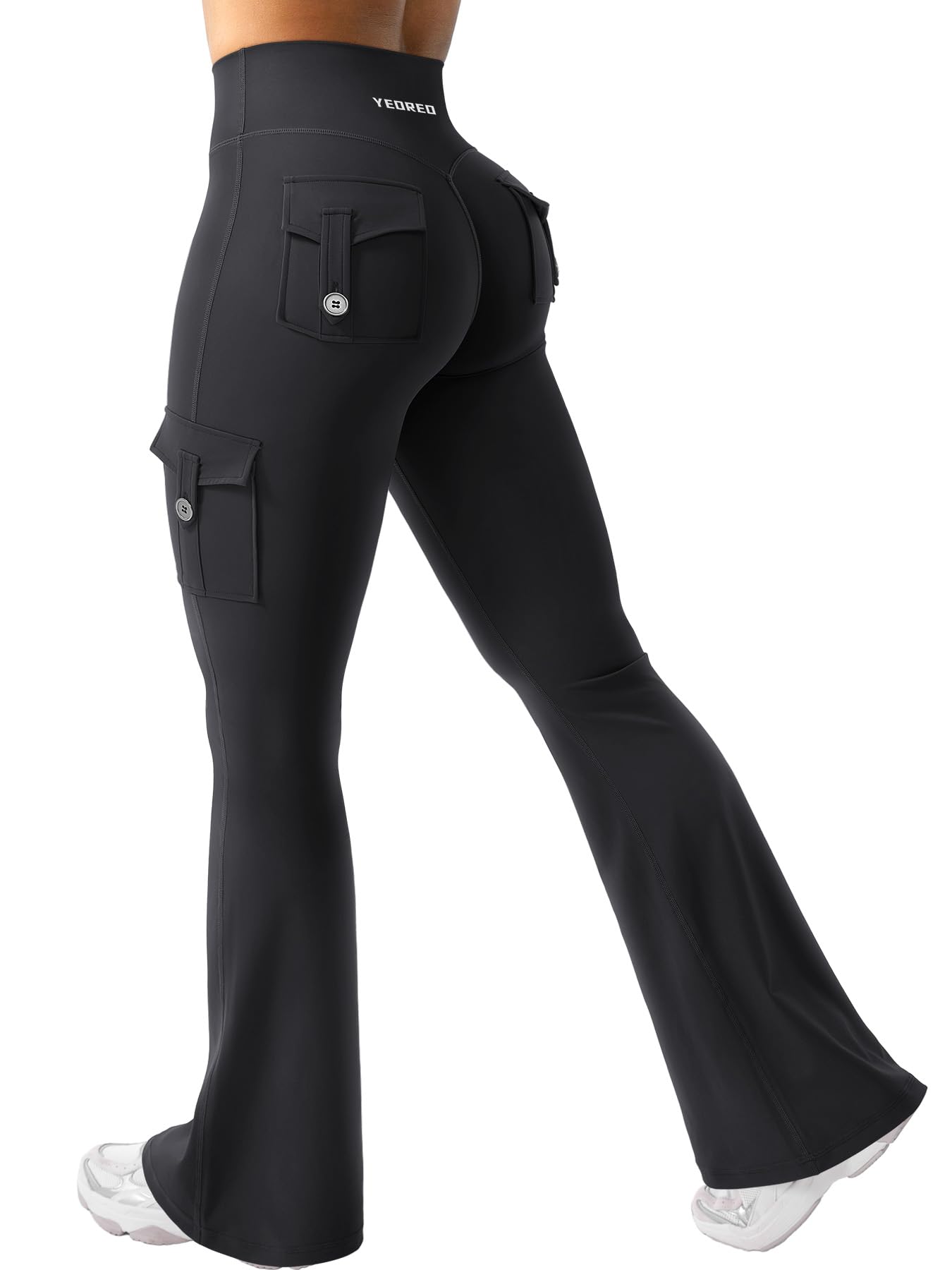 YEOREO CoreFlex Women Workout Flare Leggings with Pockets Hidden Scrunch Cargo Gym Yoga No Front Seam Leggings Black XS