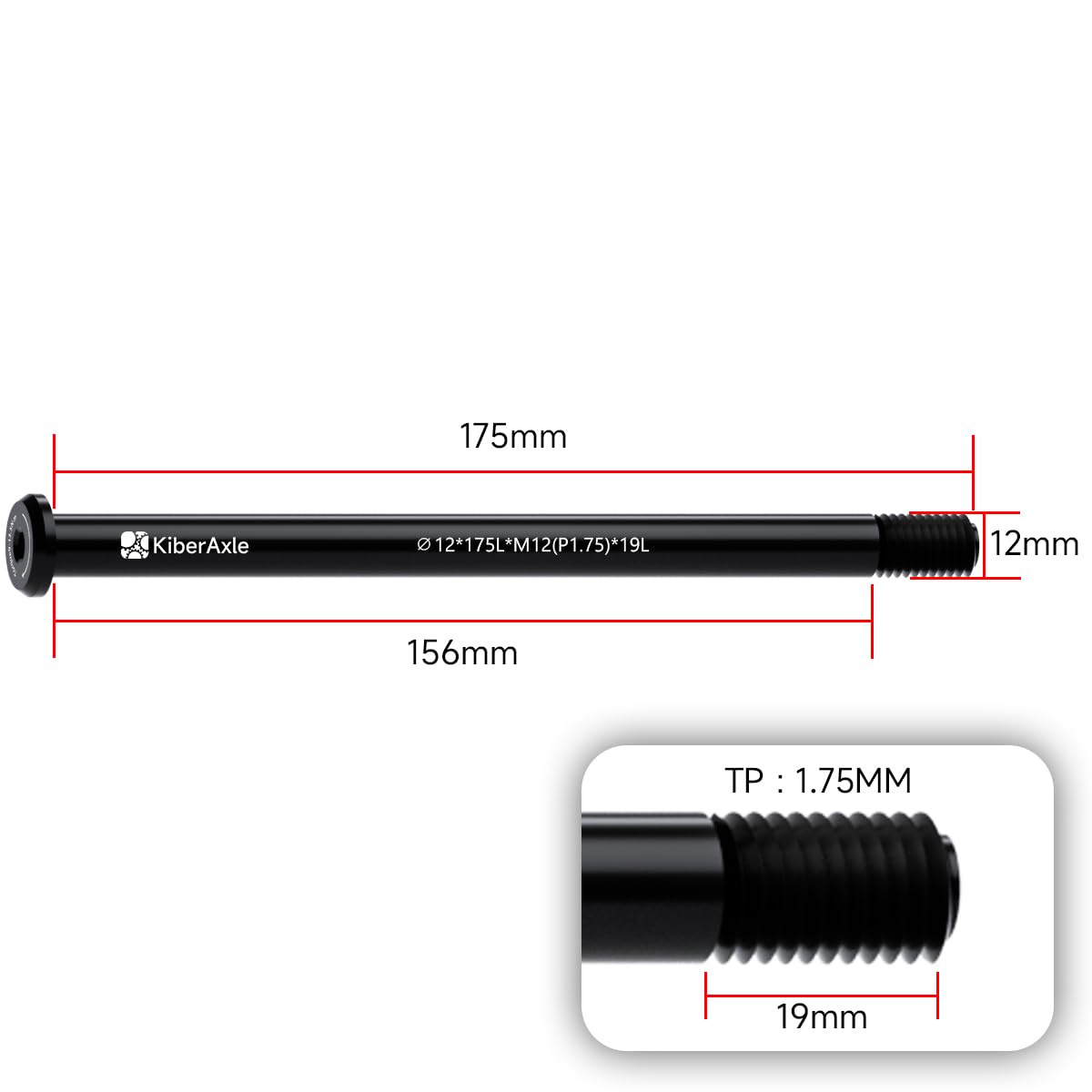 KiberAxle 12mm Thru Axles for Bike Forks and Rear Shock, Aluminum Alloy Hubs Adapter Axle, Thread Pitch: 1.75 mm/Length: 175mm