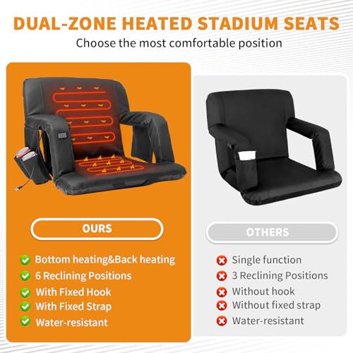 LILYPELLE Double Heated Stadium Seat Bleacher Seat with Back & Arm Support, Portable 6 Reclinng Positions Stadium Seating for Bleachers, Bleacher Seats for Sports Events, Outing, Travelling, Hiking