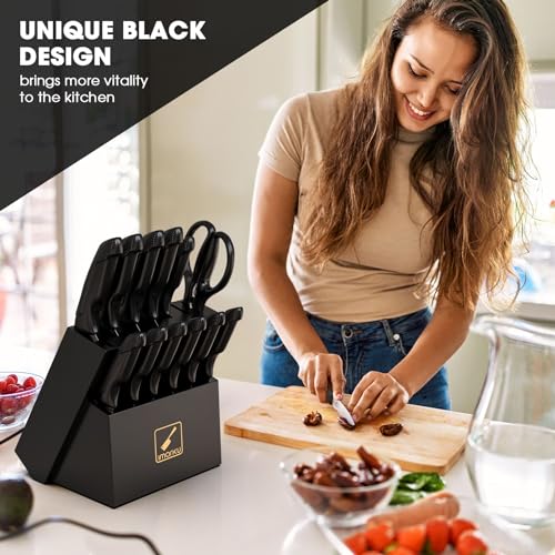 imarku Knife Set with Block, Sharp Knife Set with Built-in Sharpener, Stainless Steel Kitchen Knife Set with Non-Slip Ergonomic Handle, Dishwasher Safe, 14 PCS Professional Knife Set for Gift, Black