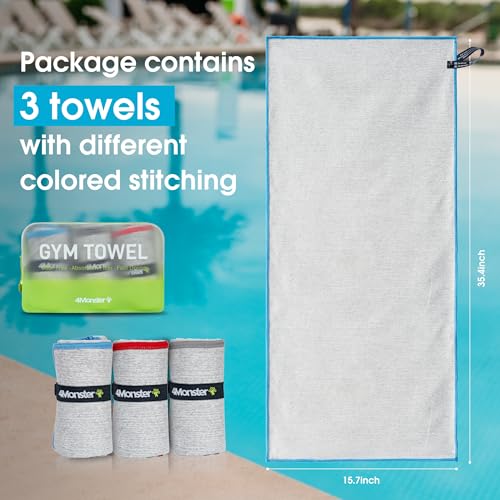 4Monster Microfiber Gym Towel & Wet Towel Bag Travel Set,Quick Dry Camping Towel Lightwight Travel Towel,Ultra Soft Absorbent Workout Towel Gear for Body Sweat, Beach, Pool, Shower (Blue&Gray&Red, 3)