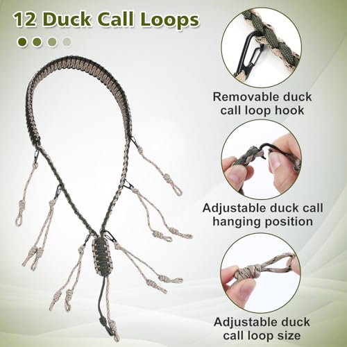 PAMASE Duck Call Lanyard - 12 Loops Duck Whistle Hunting Accessories with 10 Removable Loops, Camo Woven Goose Call Carry, Outdoor Predator Gear for Hunt - Without Duck Call