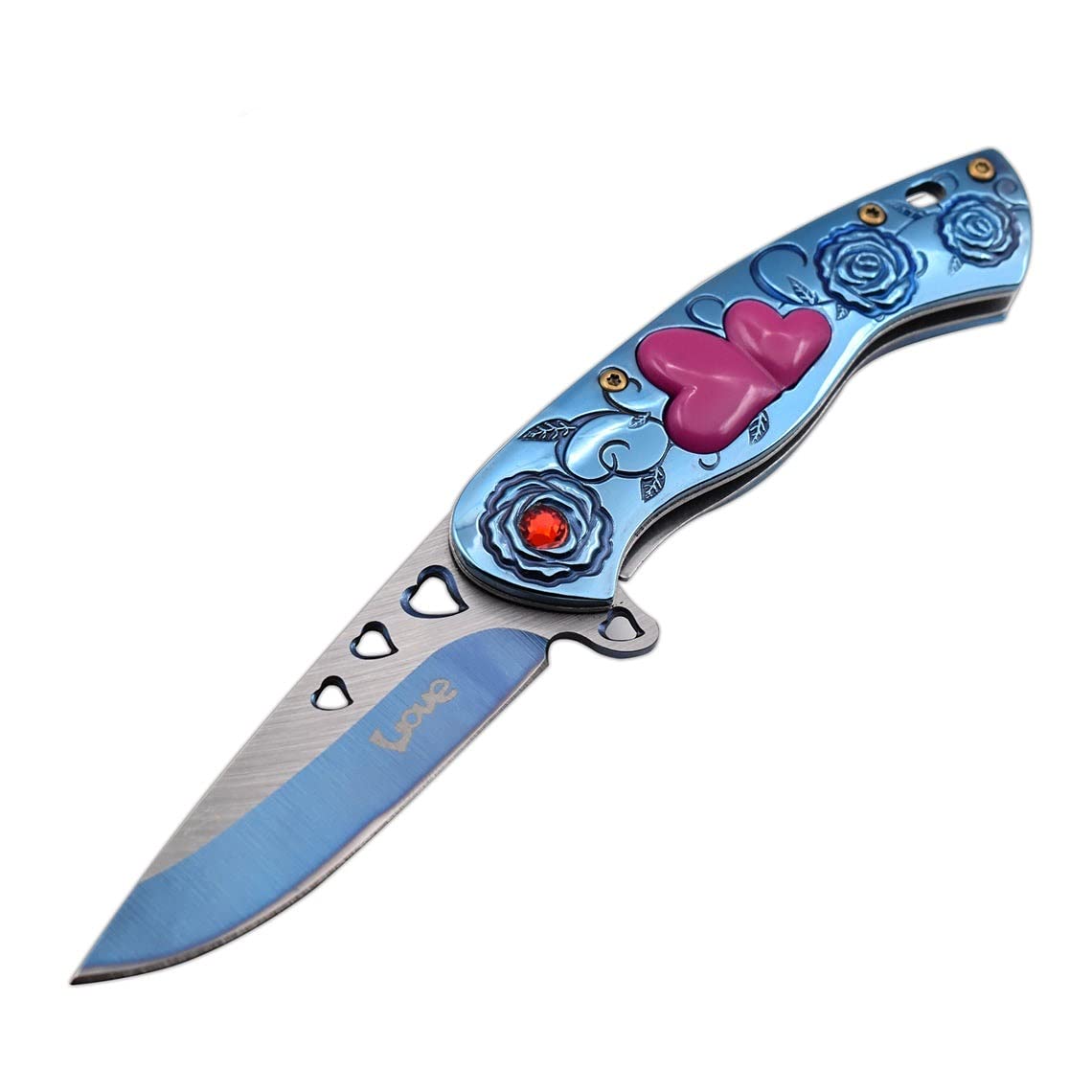 Snake Eye Tactical 7" Cupid Heart Ladies Valentines day Pocket Knife with LOVE Pocket Clip Included (Blue)