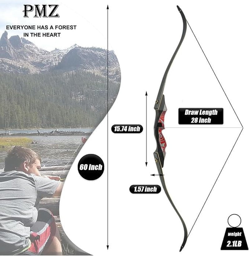 PMZ Recurve Bow and Arrow Set - 60'' Wooden Takedown Bow for Youth & Adults | Right-Handed, 20-60 lbs Archery Kit