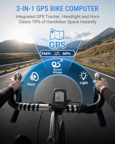 VLOXO GPS Bike Computer with Headlight & Wireless Odometer, 3-in-1 Cycling Tracker