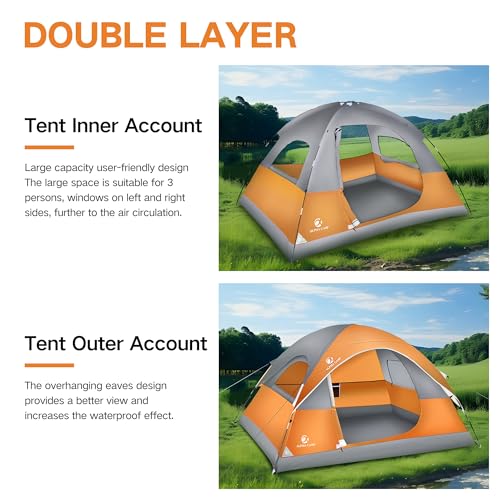 Camping Tent, 3/4 Person Dome Tent Backpacking Instant Tent with Easy Setup, Waterproof Lightweight Portable Pop Up Tent for Camping, Hiking, Mountaineering or Beach, Includes Wind Rope and Carry Bag