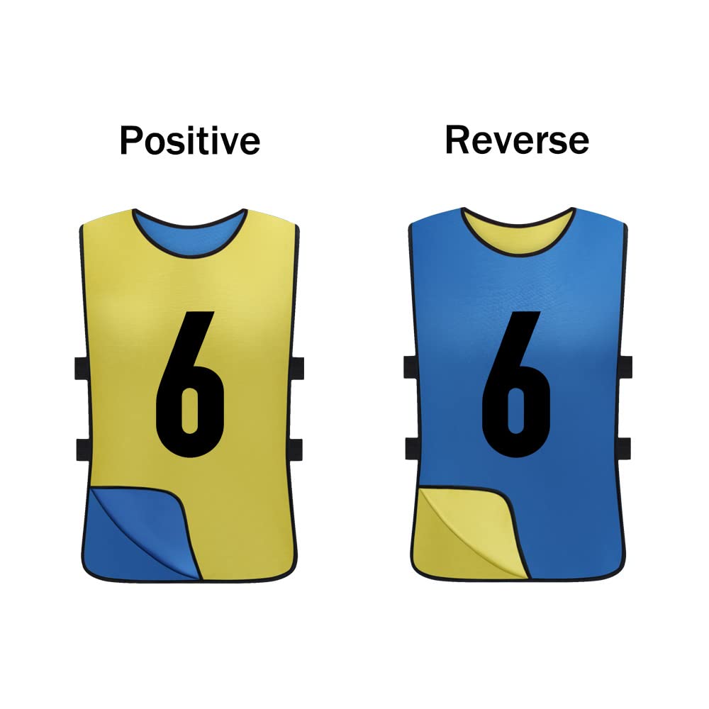 Saaifuu 12 Pack Reversible Numbered Pinnies, Double Sided Scrimmage Vest,Team Practice Jerseys for Kids and Adult(Dark Blue/Yellow, S)