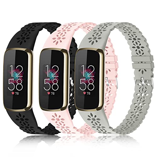 3 Pack Slim Sport Bands Compatible with Fitbit Luxe Band for Women, Soft Silicone Lace Thin Hollow-Out Replacement Wristbands Breathable Bands for Fitbit Luxe Fitness Smart Watch