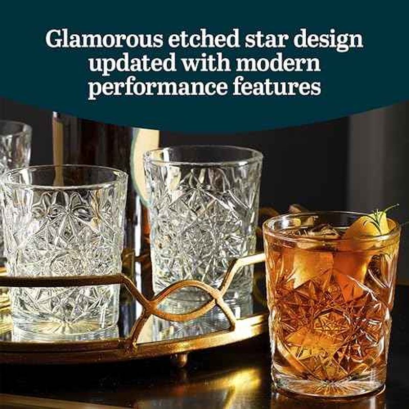 Libbey Hobstar Double Old Fashioned Glasses, Clear Cut Glass Drinking Glasses Set of 4, Durable, Vintage Whiskey Glasses for Cocktail, Drinks and More