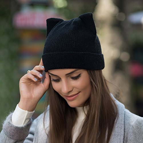 Women Cat Ear Beanie Hat WoolBraided Knit Trendy Winter Warm Cap-black-2pcs