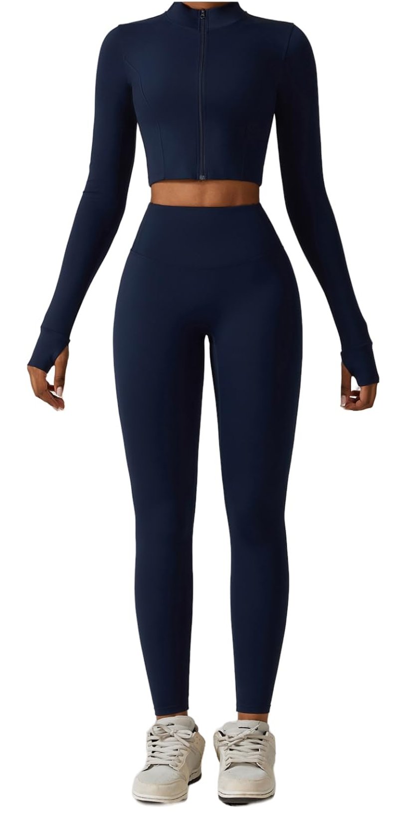 3 Piece Women Workout Set Sports Bra Crop Top Jacket with Thumb Holes Tummy Control High Waist Leggings M Navy Blue