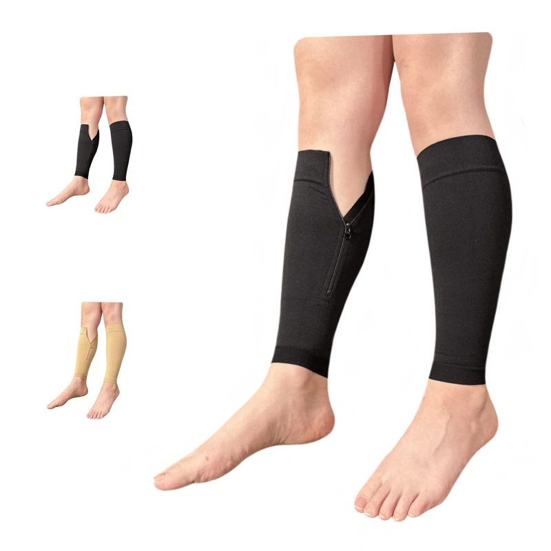 Ziperior 15-20 mmHg Compression Shin Calf No Foot Inside Leg Zipper Sleeves (Black, Small-Medium)