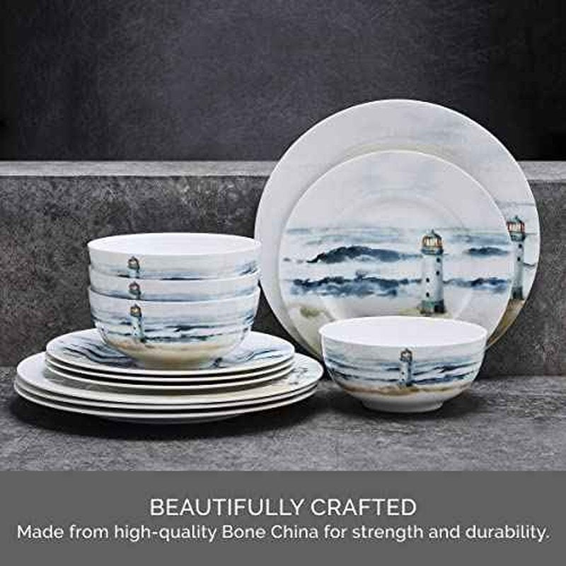 Mikasa Seaside Coastal Bone China Lightweight Chip Resistant 12 Piece Dinnerware Set, Service for 4