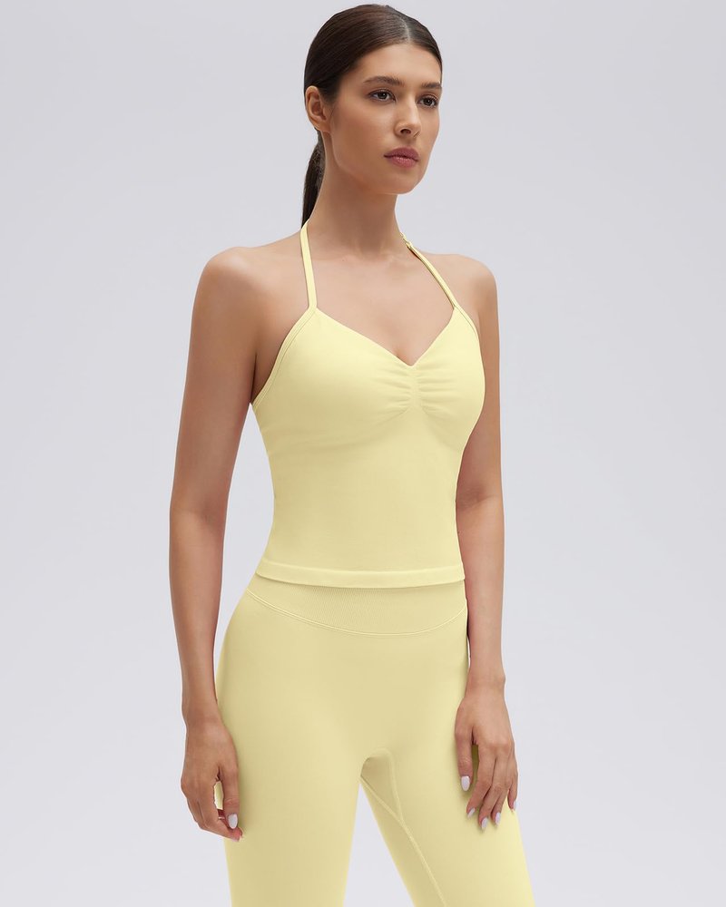 SUUKSESS Impact Longline Strappy Top Halter Workout Top for Women Padded Backless Sport Gym Tank with Adjustable Strap (Pale Yellow, XS)