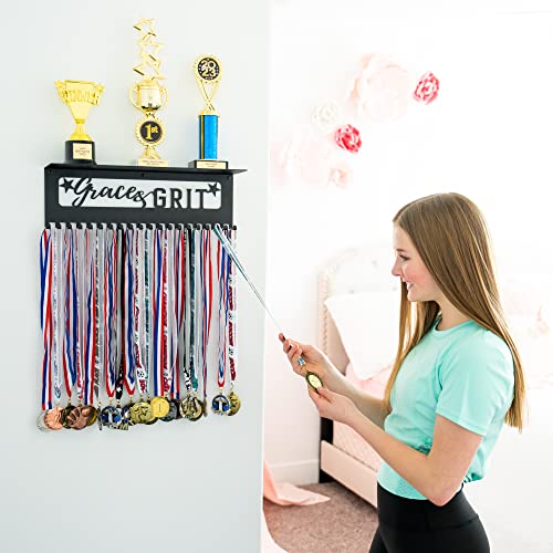 Medal Hanger Display and Large Trophy Shelf - Easy Install Metal Award Holder for Wall - Our 16.5" Sports Medal Display Rack for Gymnastics & Award Ribbons Comes with 10 Inspirational Stickers