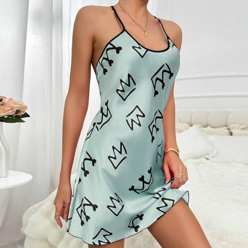 Womens Nightdress Fashion Print Sexy Backless Ice Silk Sling Pajamas Dresses Nightgowns Chemise Sleepwear Lingerie Style003 White Large