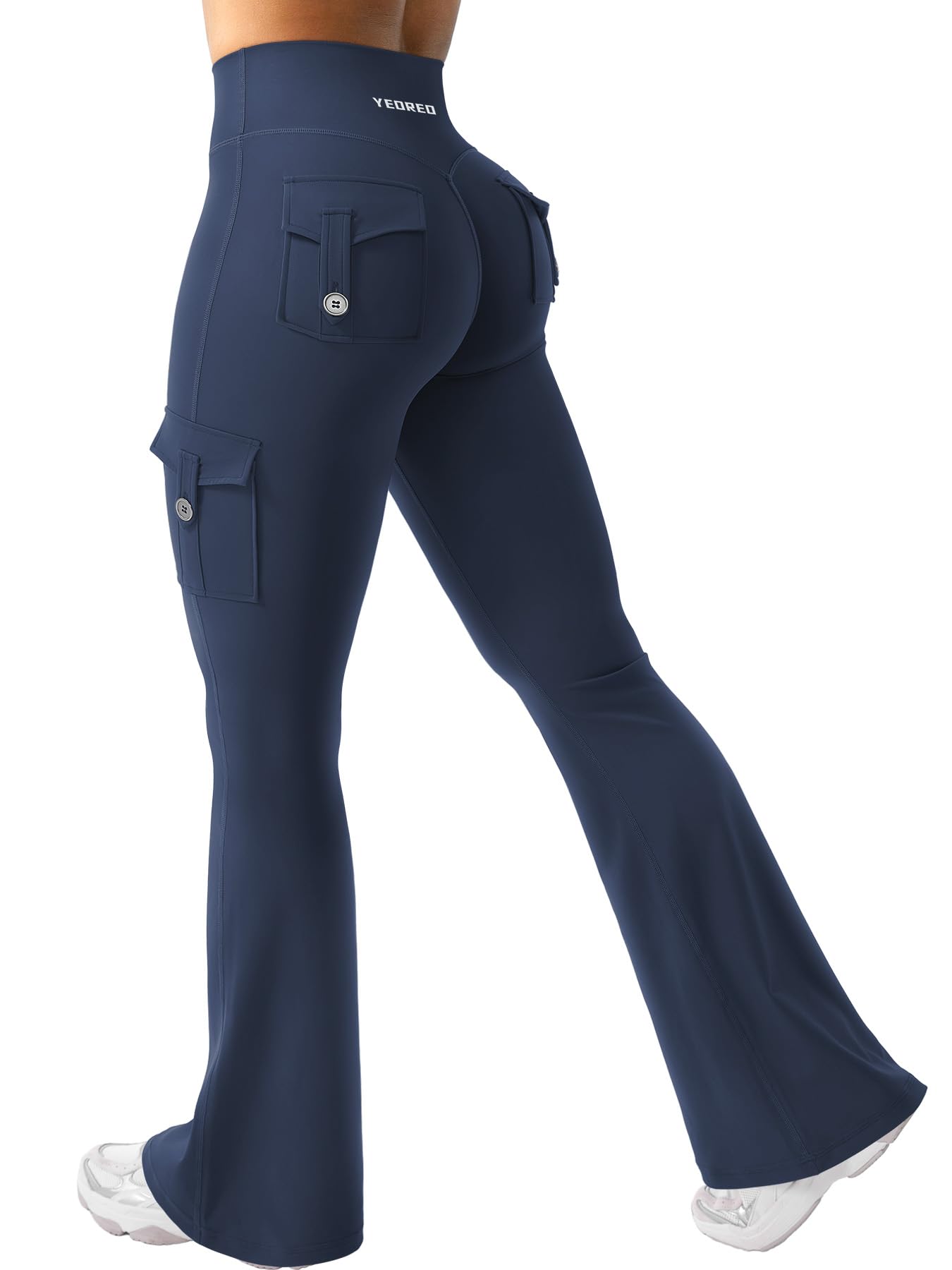 YEOREO CoreFlex Women Workout Flare Leggings with Pockets Hidden Scrunch Cargo Gym Yoga No Front Seam Leggings Blue Navy L