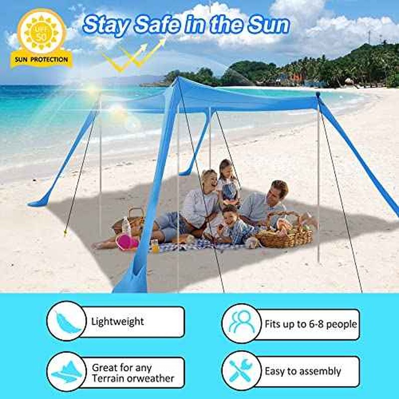Beach Tent Sun Shelter with UPF 50+ UV Protection, Beach Canopy Sun Shade 11x11 FT with Sandbags, Poles and Ground Pegs and Anti-Wind Ropes, Pop Up Tent for Camping, Backyard and Picnics