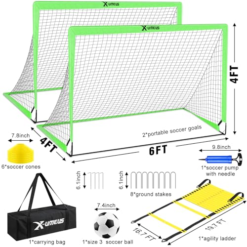 Kids Soccer Goals for Backyard Set of 2, 6x4 ft Portable Pop Up Soccer Goal Training Equipment with Soccer Ball, Ladder and Cones, Soccer Nets for Backyard for Kids Youth Toddler Outdoor Sports Games