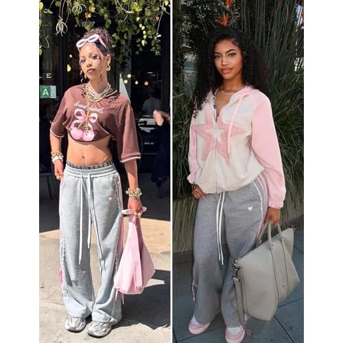 Aelfric Eden Lace Stripe Patchwork Sweatpants Casual Baggy Pant for Women Wide Leg Elastic Drawstring Trousers