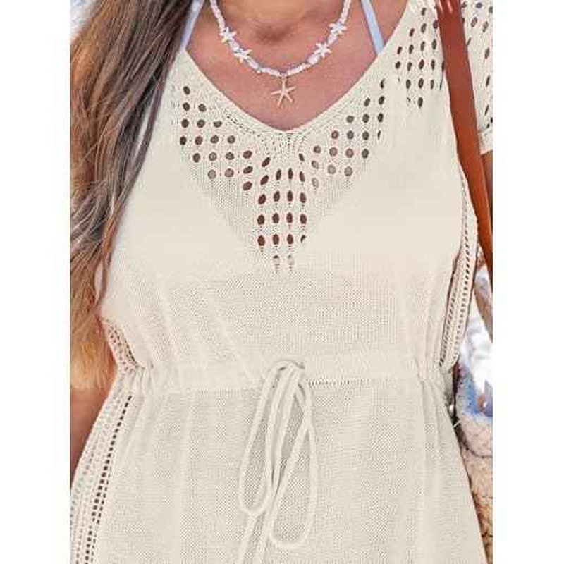 CUPSHE Women Crochet Swim Coverups Short Sleeve Drawstring Beach Coverups Dress