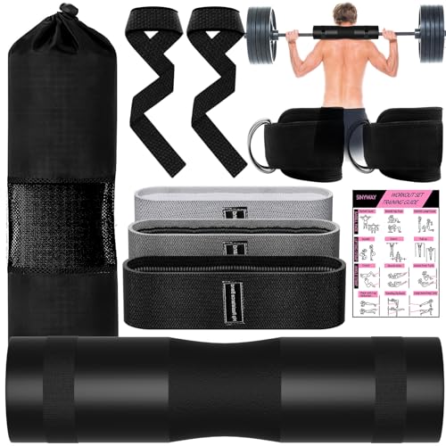 SINYWAY Barbell Pad Set for Squat,9 PCS Hip Thrusts Workout Foam Weight Lifting Bar Cushion with 2 Gym Ankle Straps,3 Hip Resistance Bands,2 Lifting Strap,Barbell Pad and Carry Bag