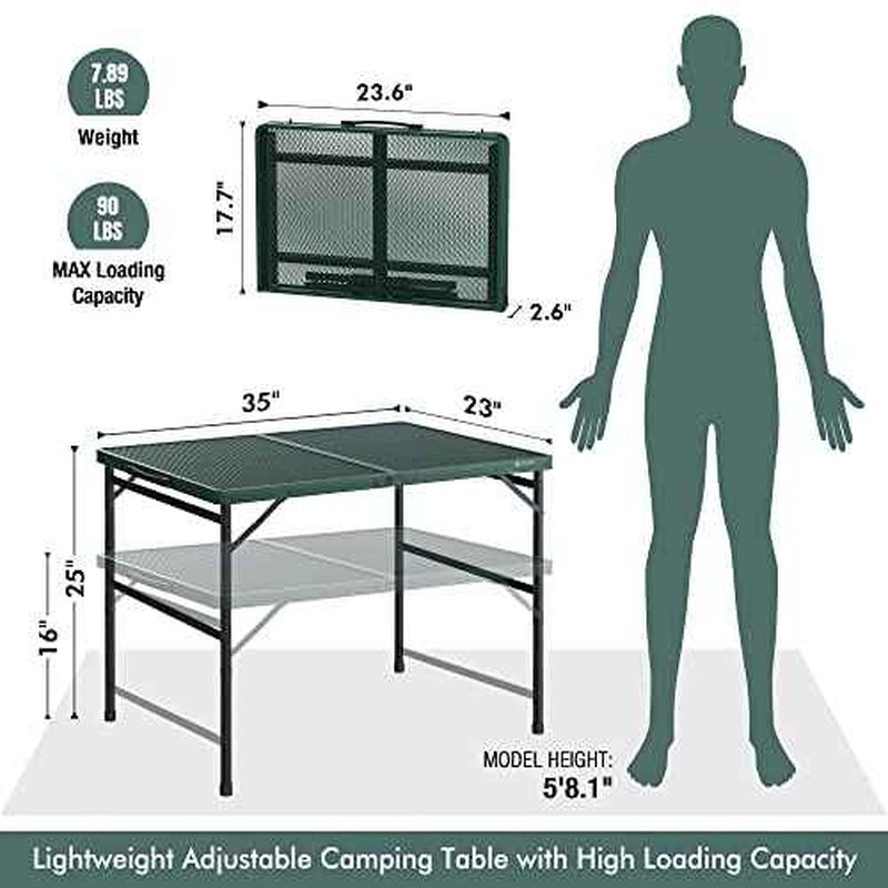 VILLEY Grill Table, 3ft Folding Camping Table with Aluminum Adjustable Legs, Portable Lightweight Camp Table for Beach Picnics and Outdoor Cooking