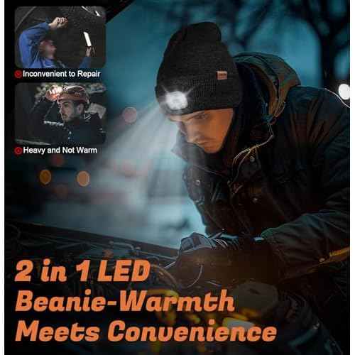 YunTuo Fleece Lined Beanie Headlamp Hat with Light, Rechargeable LED Winter Cap, Gifts for Men Women Husband
