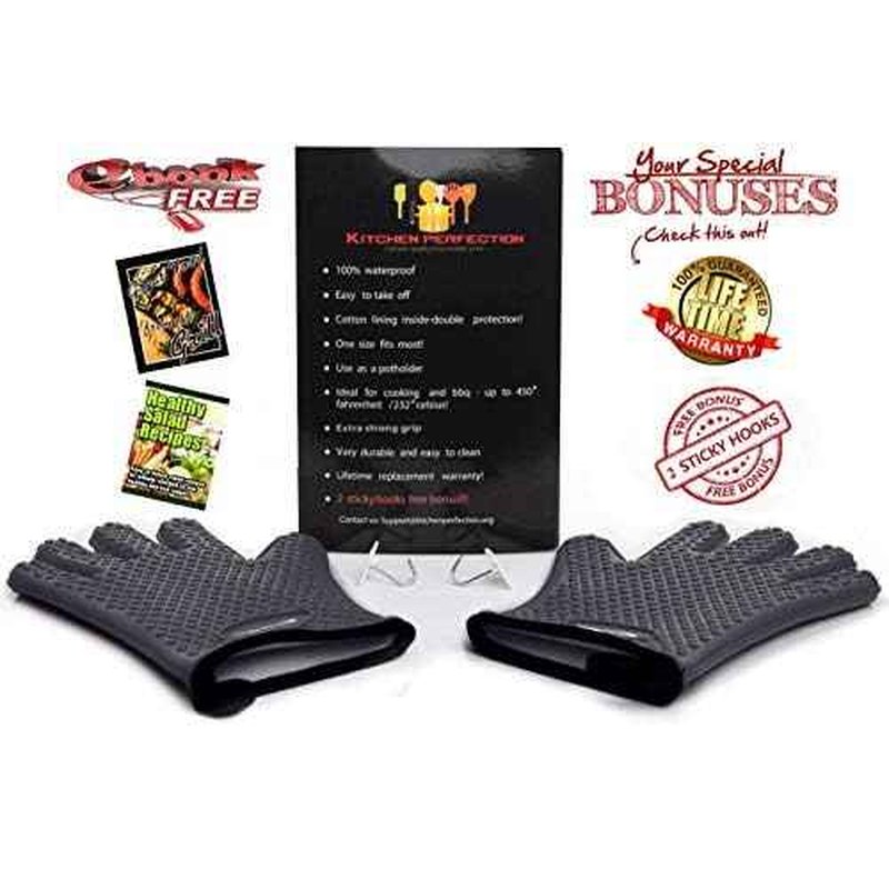 KITCHEN PERFECTION Silicone Smoker Oven Gloves-Extreme Heat Resistant BBQ Gloves-Handle Hot Food Right on Your Grill Fryer & Pit|Waterproof Grilling Cooking Baking Mitts|Superior Value Set +3 Bonuses
