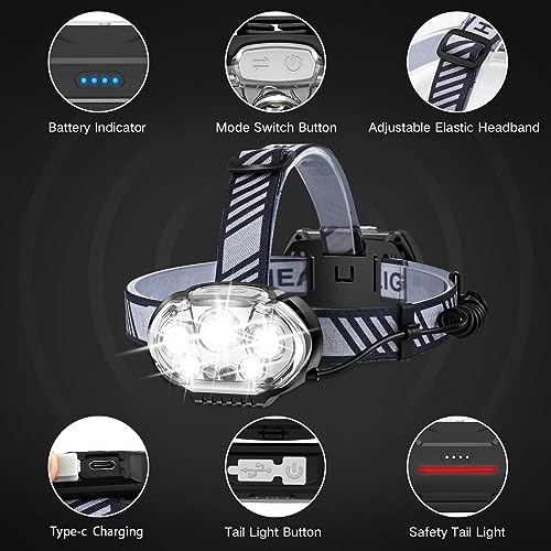 MIOISY Rechargeable Headlamp, 20000 High Lumen 5 LED Head Lamp with Red White Light,IPX4 Waterproof Headlight,8 Mode Head Flashlight for Outdoor Running Hunting Fishing Hiking Camping Gear-2Pack