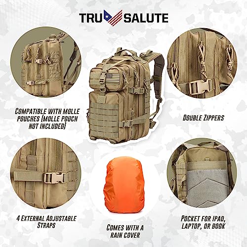 Tru Salute 45L Military Tactical Backpack Large Army 3 Day Assault Pack Molle Bugout Bag Rucksack (Tan)