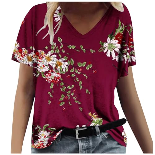 Blouses for Women Dressy Casual Clearance Women Tshirt Dresses Clearance Summer Tops for Women 2024 Short Sleeve V Neck T Shirts Trendy Vintage Printed Basic Tees Loose Comfy Blouses Casual Outfits