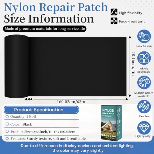 Fadoub Black Nylon Tent Repair Tape Self-Adhesive Fabric Patch Kit for Outdoor Gear