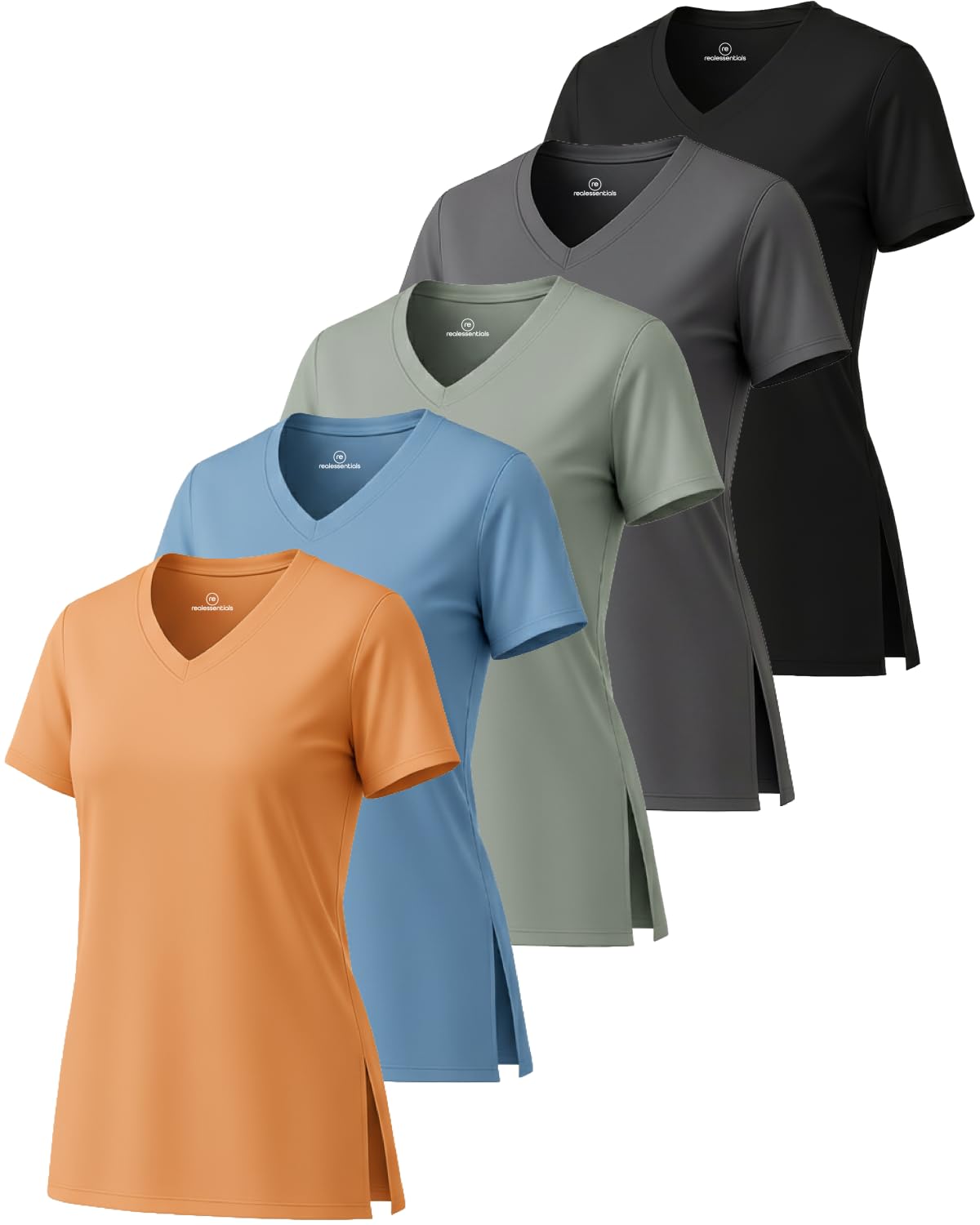 Real Essentials 5 Pack: Women's Short Sleeve Split Hem V-Neck T-Shirts, Athletic Tops, Gym, Workout, Yoga, Activewear- Set 2, S