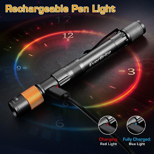 EverBrite Rechargeable Pen Light, 300 Lumens EDC Flashlight, Zoomable LED Pocket Flashlight with Clip, Memory Function and USB C Cable Included, for Camping, Emergency, Black