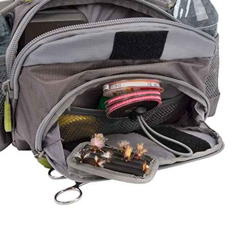 Allen Company Eagle River Lumbar Fly Fishing Pack - Holds 6 Fly Boxes, Zip?Down Workstation, Waist Bottle Pockets, Durable Outdoor Waist Pack - Gray/Lime and Olive Green