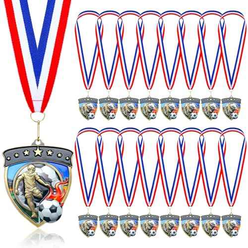 Remuuly Award Medals Bulk Soccer Football Basketball Tennis Cheer Metal Winner Award Medals 3.35'' Shield Shape with Neck Ribbons Sport Team Participation Prize Gift