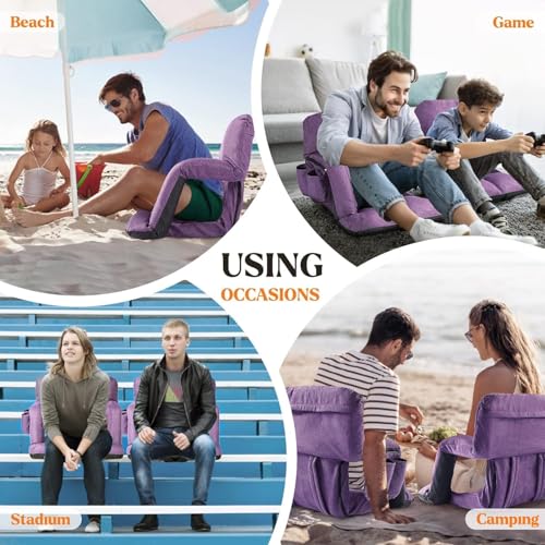 Wide Stadium Seats with Back Support, Bleacher Chairs with Comfy Cushion, 6 Reclining Positions, Portable Stadium Chair Bleacher Seat with Armrests for Outdoor Sport Events, Camping, Beaches (Purple)