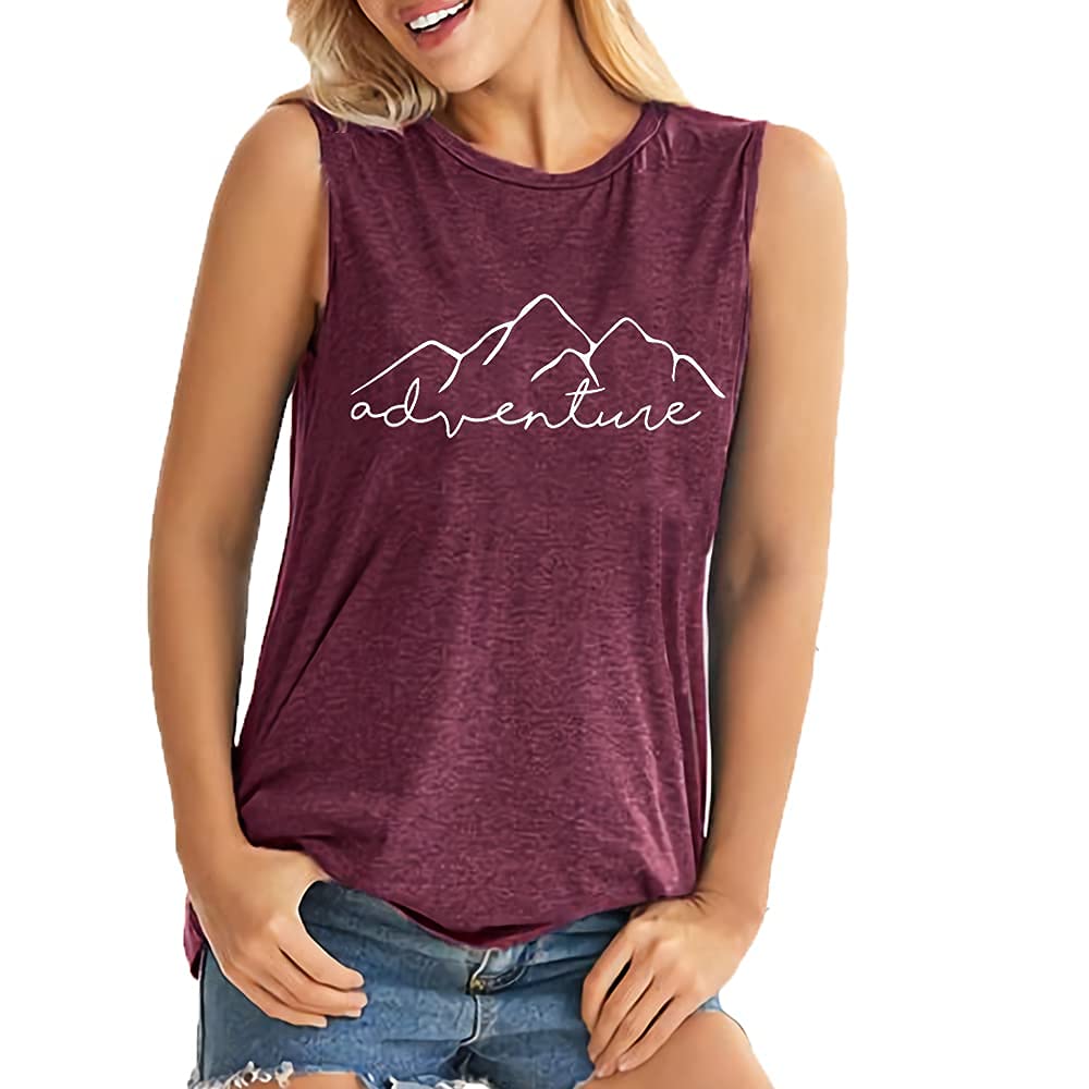 Women's Camping Hiking Sleeveless Mountain Adventure Graphic Tees Shirt Funny Letter Printed Vintage Tank Tops, Purple M