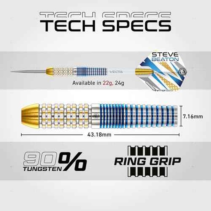 WINMAU Darts - Professional Player - Steve Beaton Legacy Edition 90% Tungsten Darts Set with Dart Flights and Dart Shafts (Stems) ? Available in Soft and Steel Tip - Available weights 18g, 22g and 24g